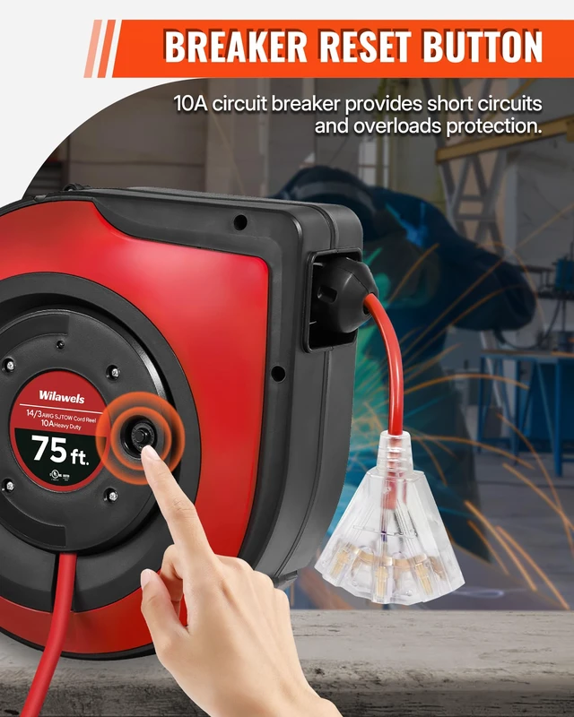 Alt view image 6 of 7 - Retractable Extension Cord Reel, 75 FT Heavy Duty Extension Cord, 14AWG/3C SJTOW, 3 Grounded Outlets Lighted Triple Tap, 10A Circuit Breaker, Wall/Ceiling Mounted, UL Listed, Red R75CR06