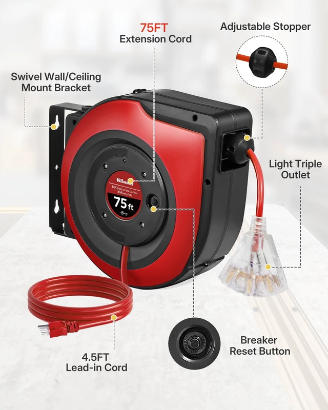 Alt view image 7 of 7 - Retractable Extension Cord Reel, 75 FT Heavy Duty Extension Cord, 14AWG/3C SJTOW, 3 Grounded Outlets Lighted Triple Tap, 10A Circuit Breaker, Wall/Ceiling Mounted, UL Listed, Red R75CR06