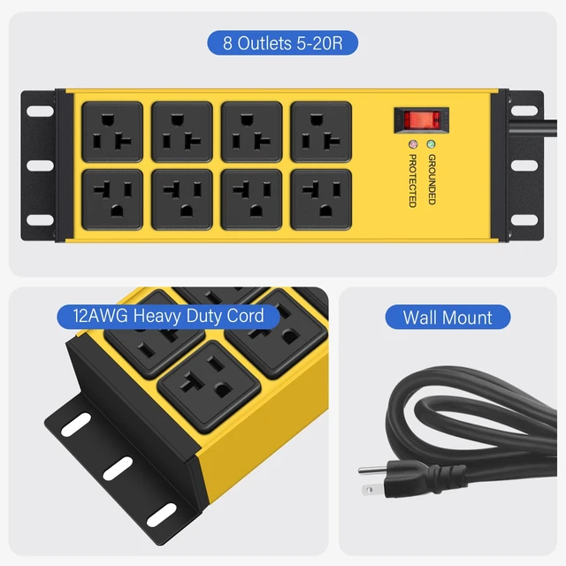 Alt view image 6 of 6 - 12 Gauge Heavy Duty Power Strip, Magnetic, 8 Ports. Yellow, 25FT, 1 Extension Cord Surge Protector with Multiple Outlets, Wall Mount Plug Extender, Switch, Grounding Protection, High Amp