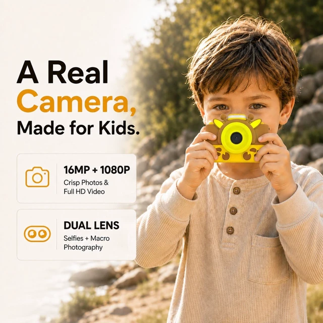 Alt view image 2 of 7 - Kids Digital Camera 16MP with Selfie & Macro Lens, 1080P Video toddler camera 3, LED Flash, shockproof cover, MicroSD support, travel toy, birthday gift for boys and girls ages 3-8