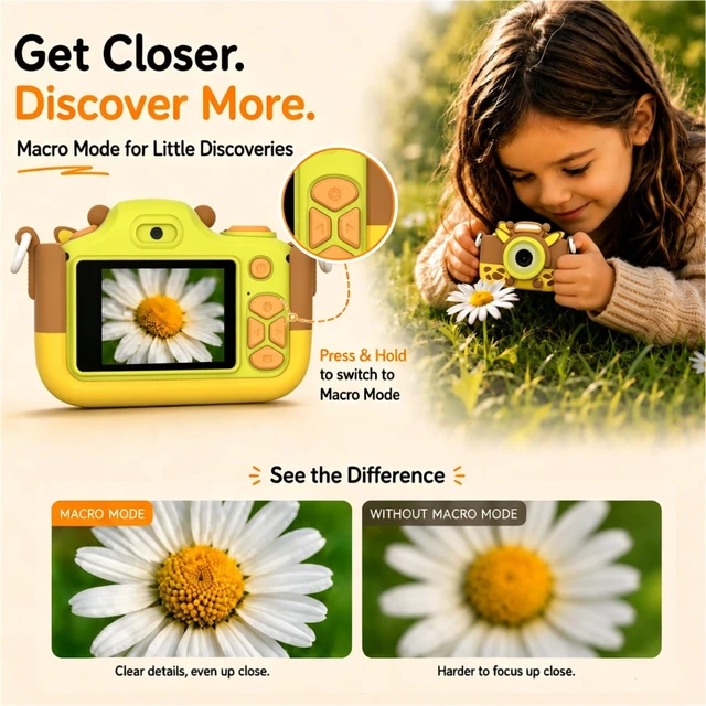 Alt view image 4 of 7 - Kids Digital Camera 16MP with Selfie & Macro Lens, 1080P Video toddler camera 3, LED Flash, shockproof cover, MicroSD support, travel toy, birthday gift for boys and girls ages 3-8