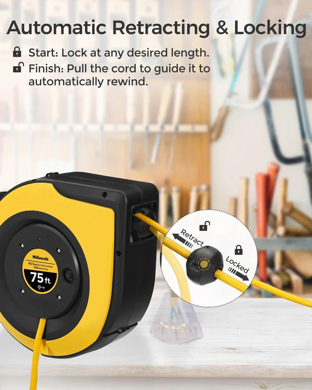 Alt view image 2 of 7 - Retractable Extension Cord Reel, 75 FT Extension Cord Reel, 14AWG/3C SJTOW Heavy Duty Power Cord Reel, Lighted Triple Tap, 10A Circuit Breaker, Wall/Ceiling Mounted, UL Listed, Yellow Y75CR06