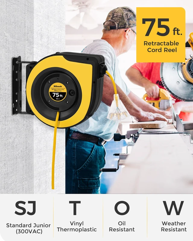 Alt view image 3 of 7 - Retractable Extension Cord Reel, 75 FT Extension Cord Reel, 14AWG/3C SJTOW Heavy Duty Power Cord Reel, Lighted Triple Tap, 10A Circuit Breaker, Wall/Ceiling Mounted, UL Listed, Yellow Y75CR06