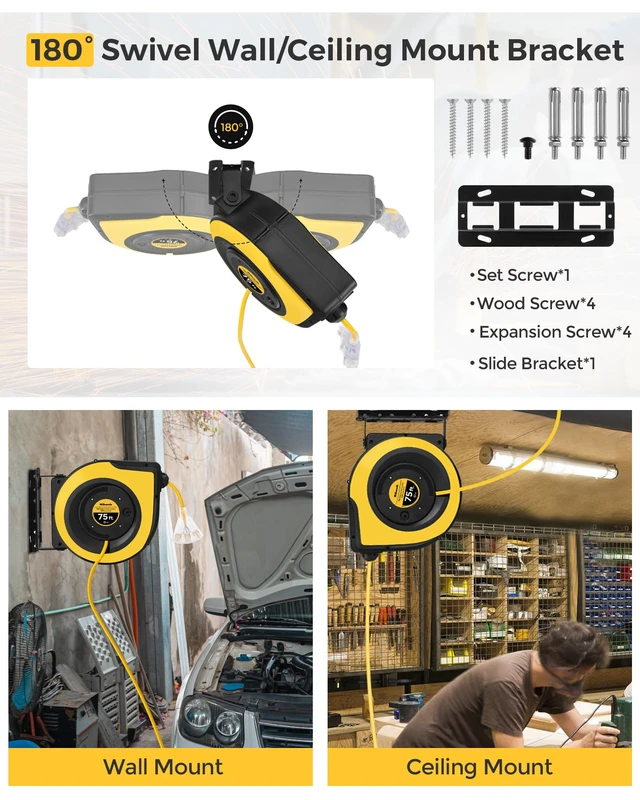 Alt view image 5 of 7 - Retractable Extension Cord Reel, 75 FT Extension Cord Reel, 14AWG/3C SJTOW Heavy Duty Power Cord Reel, Lighted Triple Tap, 10A Circuit Breaker, Wall/Ceiling Mounted, UL Listed, Yellow Y75CR06