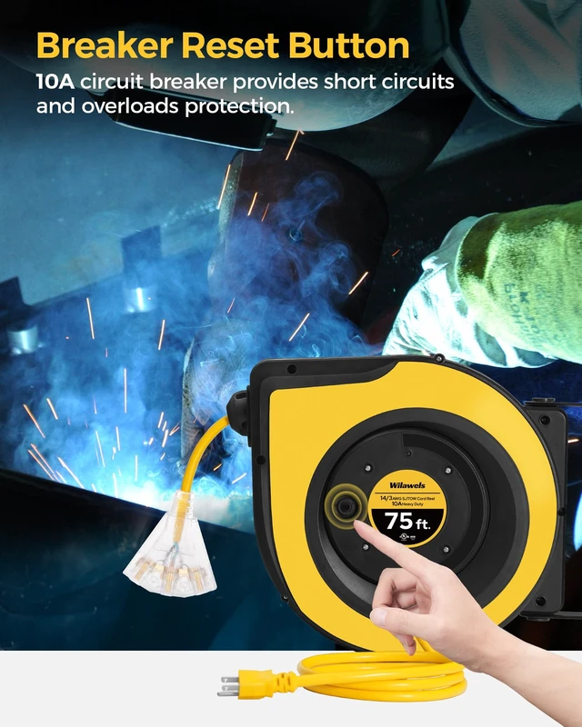 Alt view image 6 of 7 - Retractable Extension Cord Reel, 75 FT Extension Cord Reel, 14AWG/3C SJTOW Heavy Duty Power Cord Reel, Lighted Triple Tap, 10A Circuit Breaker, Wall/Ceiling Mounted, UL Listed, Yellow Y75CR06