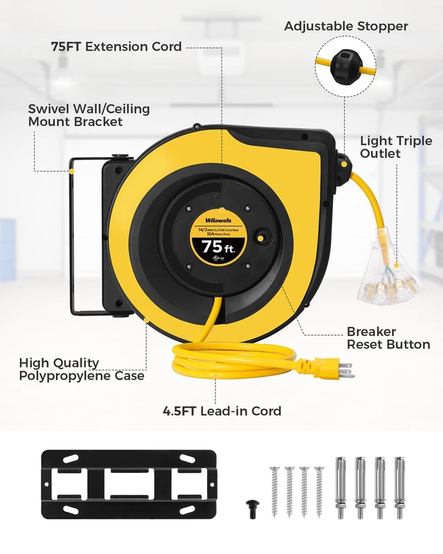 Alt view image 7 of 7 - Retractable Extension Cord Reel, 75 FT Extension Cord Reel, 14AWG/3C SJTOW Heavy Duty Power Cord Reel, Lighted Triple Tap, 10A Circuit Breaker, Wall/Ceiling Mounted, UL Listed, Yellow Y75CR06