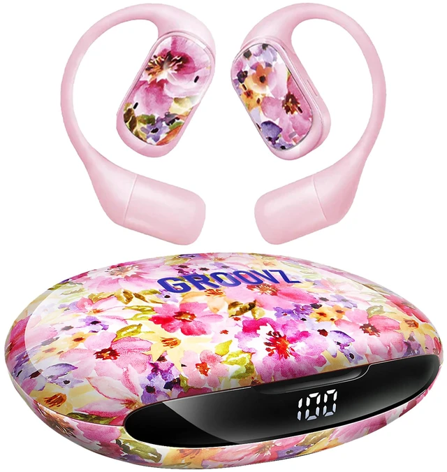 Main image of Open-Ear Plus True Wireless Headphones with Battery Display - Designed & Engineered in the USA - Multi-Point Pairing Bluetooth Open Ear Earbuds Compatible with Apple & Android - Floral