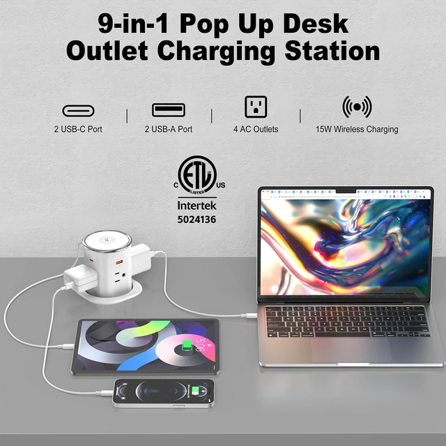 Alt view image 2 of 7 - Pop Up Countertop Outlet with 15W Wireless Charger,20W USB C Ports,Flush Mount Tamper Resistant,Recessed Grommet Receptacle,4 USB 4 Outlets,15A,1875W,ETL Listed,3.15in Hole,White