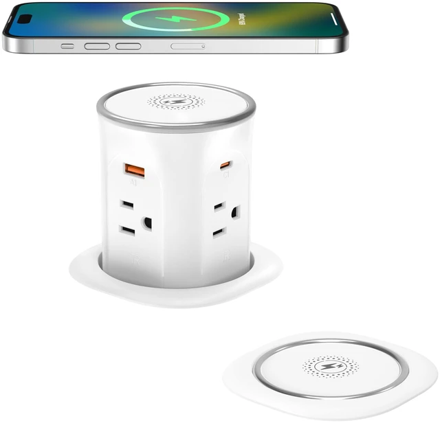 Main image of Pop Up Countertop Outlet with 15W Wireless Charger,20W USB C Ports,Flush Mount Tamper Resistant,Recessed Grommet Receptacle,4 USB 4 Outlets,15A,1875W,ETL Listed,3.15in Hole,White