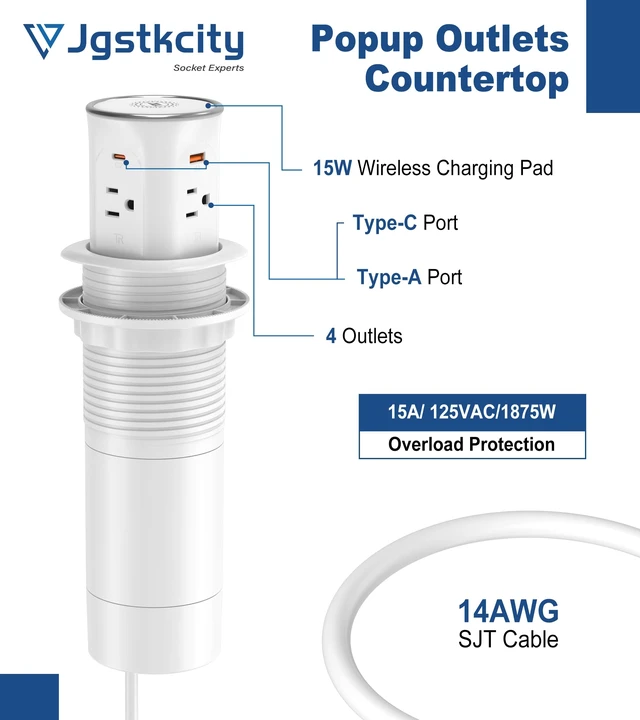 Alt view image 5 of 7 - Pop Up Countertop Outlet with 15W Wireless Charger,20W USB C Ports,Flush Mount Tamper Resistant,Recessed Grommet Receptacle,4 USB 4 Outlets,15A,1875W,ETL Listed,3.15in Hole,White