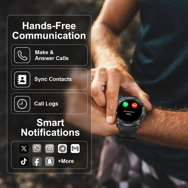 Alt view image 6 of 7 - Military Smart Watches for Men, Built-in GPS & Compass, 30-Day Standby 1.43" AMOLED Rugged Outdoor with LED Flashlight, Barometric Altimeter, 170+ Sports Modes, Compatible with Android & iPhone