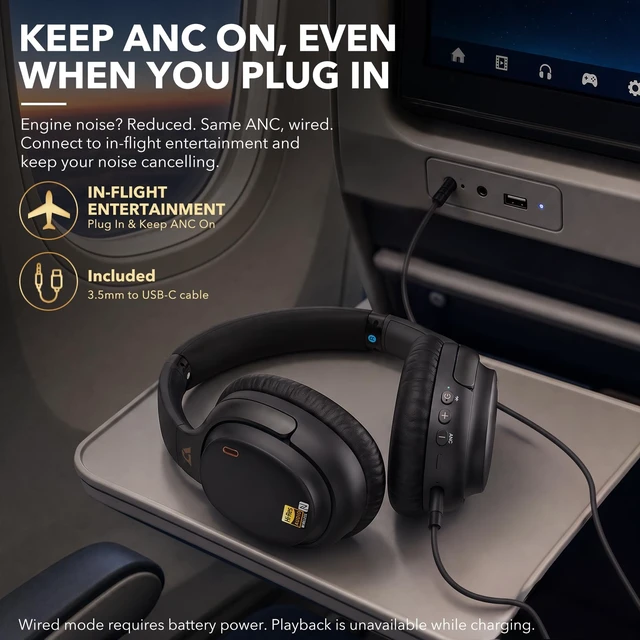 Alt view image 2 of 7 - E700 Noise Cancelling Headphones Bluetooth Wireless LDAC Hi-Res, Black Hybrid ANC, 75hr Battery Life, Deep Bass, Comfortable Over-Ear for Commuters & Travelers, aptX Low Latency for TV & Airplane