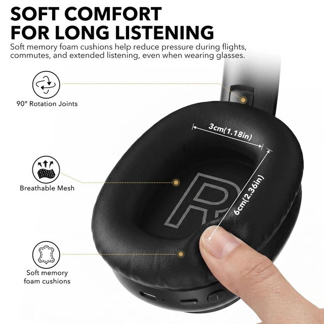Alt view image 5 of 7 - E700 Noise Cancelling Headphones Bluetooth Wireless LDAC Hi-Res, Black Hybrid ANC, 75hr Battery Life, Deep Bass, Comfortable Over-Ear for Commuters & Travelers, aptX Low Latency for TV & Airplane