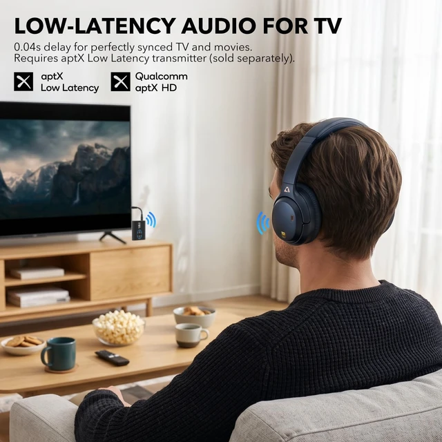 Alt view image 3 of 7 - E700 Noise Cancelling Headphones Bluetooth Wireless Hi-Res LDAC,Indigo Hybrid ANC, 75H Battery, Deep Bass, Comfortable Over Ear for Commuters & Traveler, aptX Low Latency for TV & Airplane