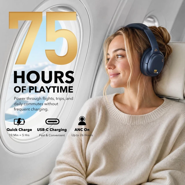 Alt view image 6 of 7 - E700 Noise Cancelling Headphones Bluetooth Wireless Hi-Res LDAC,Indigo Hybrid ANC, 75H Battery, Deep Bass, Comfortable Over Ear for Commuters & Traveler, aptX Low Latency for TV & Airplane