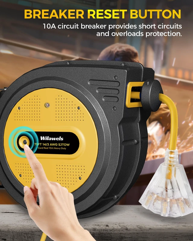 Alt view image 5 of 7 - 75 FT Retractable Extension Cord Reel, Heavy Duty Power Cord, 14AWG/3C SJTOW, 3 Grounded Outlets Lighted Triple Tap, 10A Circuit Breaker, Wall/Ceiling Mounted, ETL Listed, Yellow Y75ACR06