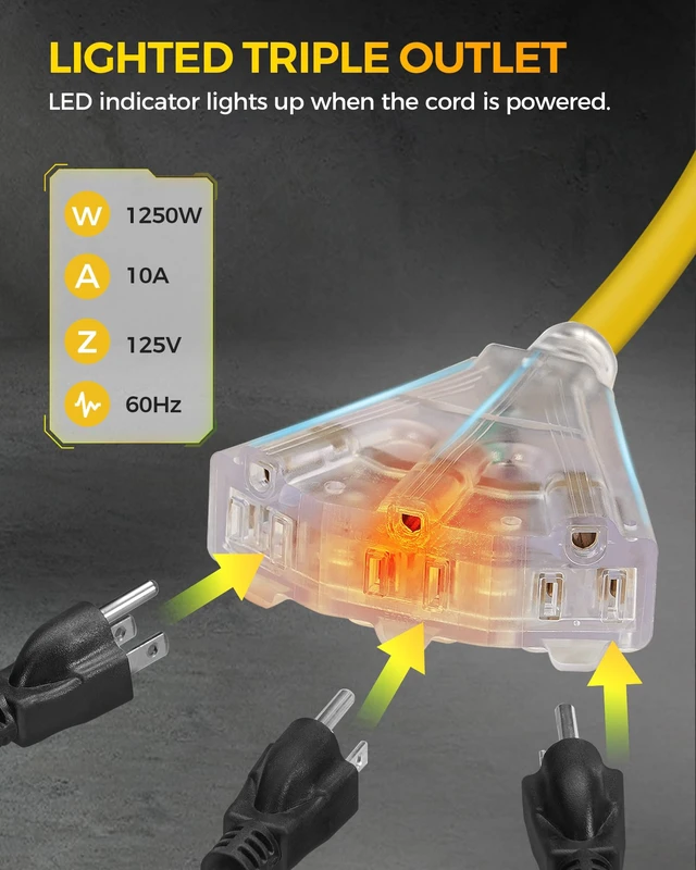 Alt view image 6 of 7 - 75 FT Retractable Extension Cord Reel, Heavy Duty Power Cord, 14AWG/3C SJTOW, 3 Grounded Outlets Lighted Triple Tap, 10A Circuit Breaker, Wall/Ceiling Mounted, ETL Listed, Yellow Y75ACR06