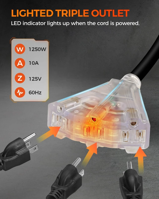 Alt view image 5 of 7 - Retractable Cord Reel, 75 FT Heavy Duty Extension Cord, 14AWG/3C SJTOW, 3 Grounded Outlets Lighted Triple Tap, 10A Circuit Breaker, Wall/Ceiling Mounted, UL Listed, Black B75CR06