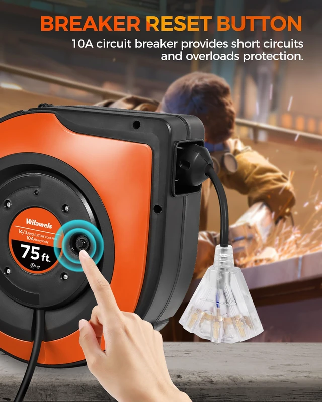 Alt view image 6 of 7 - Retractable Cord Reel, 75 FT Heavy Duty Extension Cord, 14AWG/3C SJTOW, 3 Grounded Outlets Lighted Triple Tap, 10A Circuit Breaker, Wall/Ceiling Mounted, UL Listed, Black B75CR06