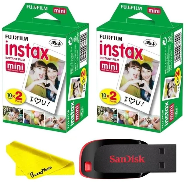 Main image of Instax Mini Instant Camera Film with Sandisk 32 GB USB Flash Drive + 2 x Mini Twin Packs (40 Sheets) and Buzz-Photo Microfiber Cleaning Cloth