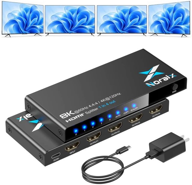 Main image of 8K@60Hz 4:4:4 HDMI Splitter 1 in 4 Out 4K@120Hz/1080P@240Hz HDMI2.1 Support 8K to 4K Downscaler, 3 EDID Modes, 48Gbps, HDR10+, Dolby Digital, 3D, Metal Shell, Wide Compatibility for TV, Laptop