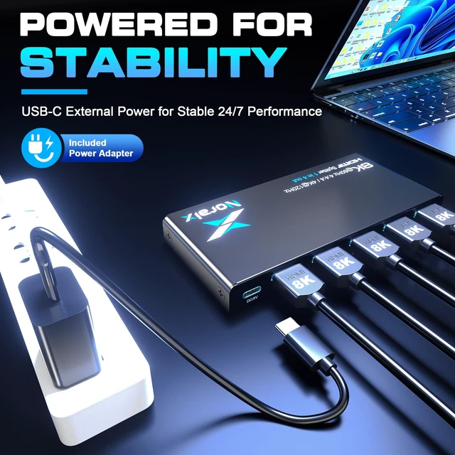 Alt view image 6 of 7 - 8K@60Hz 4:4:4 HDMI Splitter 1 in 4 Out 4K@120Hz/1080P@240Hz HDMI2.1 Support 8K to 4K Downscaler, 3 EDID Modes, 48Gbps, HDR10+, Dolby Digital, 3D, Metal Shell, Wide Compatibility for TV, Laptop