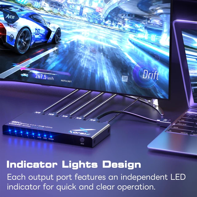 Alt view image 7 of 7 - 8K@60Hz 4:4:4 HDMI Splitter 1 in 4 Out 4K@120Hz/1080P@240Hz HDMI2.1 Support 8K to 4K Downscaler, 3 EDID Modes, 48Gbps, HDR10+, Dolby Digital, 3D, Metal Shell, Wide Compatibility for TV, Laptop