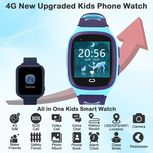 Alt view image 2 of 6 - 4G Kids Smart Watch with GPS Tracker Location Video Call Cell Phone SOS Calling Voice Chat Touch Screen Camera Alarm Clock Gifts for Age 5-12 Kids (Blue)