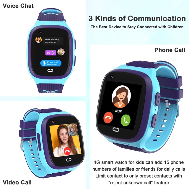 Alt view image 5 of 6 - 4G Kids Smart Watch with GPS Tracker Location Video Call Cell Phone SOS Calling Voice Chat Touch Screen Camera Alarm Clock Gifts for Age 5-12 Kids (Blue)