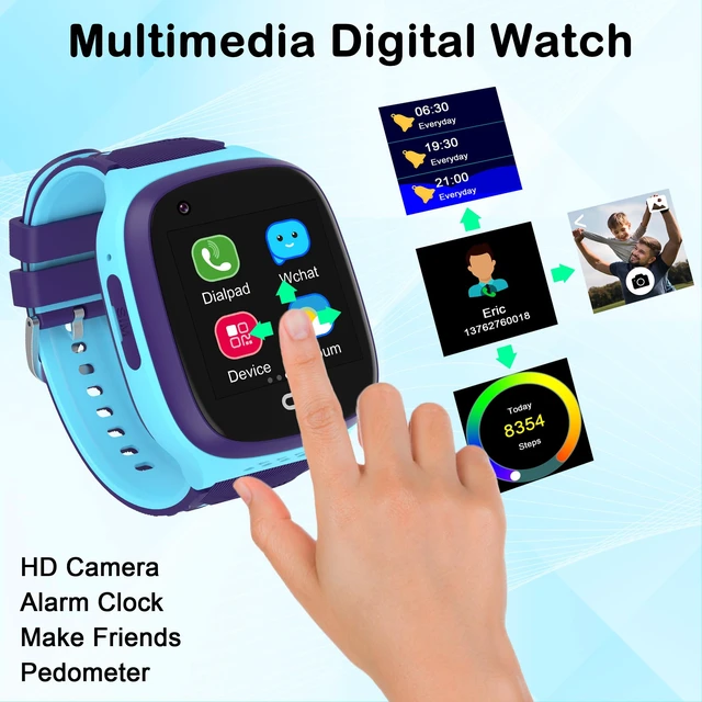 Alt view image 6 of 6 - 4G Kids Smart Watch with GPS Tracker Location Video Call Cell Phone SOS Calling Voice Chat Touch Screen Camera Alarm Clock Gifts for Age 5-12 Kids (Blue)
