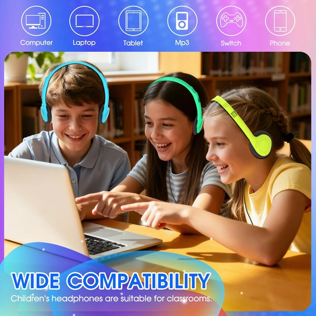 Alt view image 6 of 7 - Classroom Headphones Bulk 50 Pack for Kids School Students,Wholesale Headphones Class Set with 3.5mm Jack for Library Chromebook Laptop PC Computer(HLY002,8 Colors)