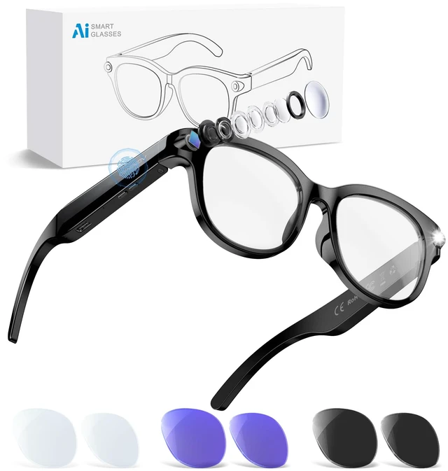 Main image of AI Smart Glasses with Camera, 4K 8MP Video Recording Glasses, 3Set Lenses Video & Photo Capture, Audio Bluetooth Sunglasses, AI Assistant, Hands-Free Calls, Real-Time Translation, Object Recognition
