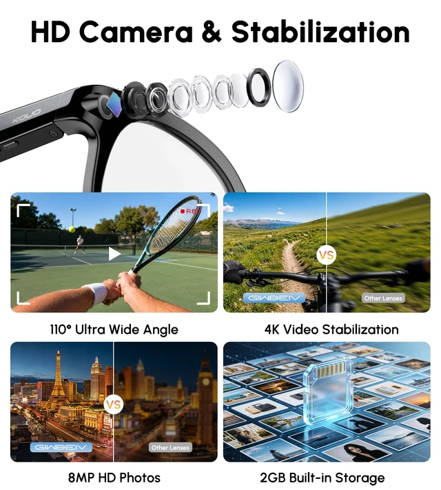 Alt view image 2 of 7 - AI Smart Glasses with Camera, 4K 8MP Video Recording Glasses, 3Set Lenses Video & Photo Capture, Audio Bluetooth Sunglasses, AI Assistant, Hands-Free Calls, Real-Time Translation, Object Recognition
