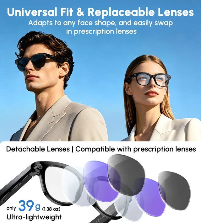 Alt view image 5 of 7 - AI Smart Glasses with Camera, 4K 8MP Video Recording Glasses, 3Set Lenses Video & Photo Capture, Audio Bluetooth Sunglasses, AI Assistant, Hands-Free Calls, Real-Time Translation, Object Recognition