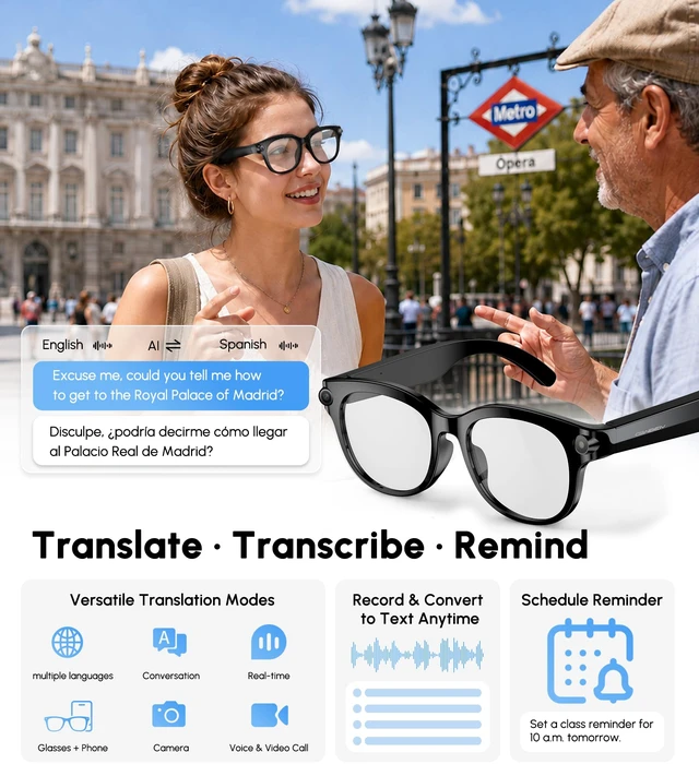 Alt view image 4 of 7 - AI Smart Glasses with Camera, 4K 8MP Video Recording Glasses, 3Set Lenses Video & Photo Capture, Audio Bluetooth Sunglasses, AI Assistant, Hands-Free Calls, Real-Time Translation, Object Recognition