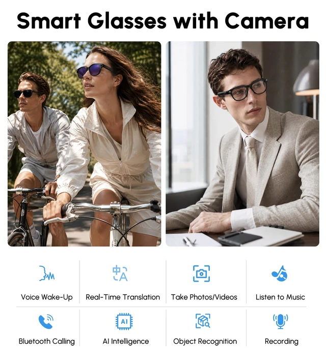 Alt view image 7 of 7 - AI Smart Glasses with Camera, 4K 8MP Video Recording Glasses, 3Set Lenses Video & Photo Capture, Audio Bluetooth Sunglasses, AI Assistant, Hands-Free Calls, Real-Time Translation, Object Recognition