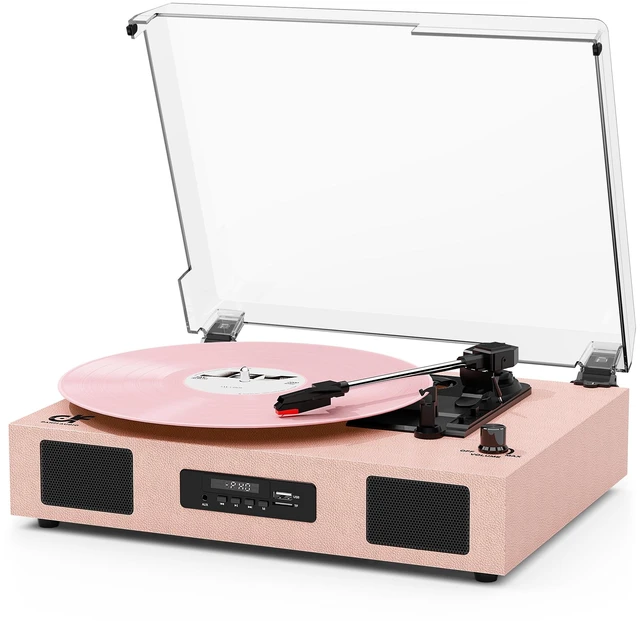 Main image of Vinyl Record Player Bluetooth with Enhanced Speakers, USB Recording, Pink Built-in Stereo Speakers, USB/TF Card Playback, 3 Speed Belt Drive LP Player Turntable, RCA Line-Out AUX Input EQ
