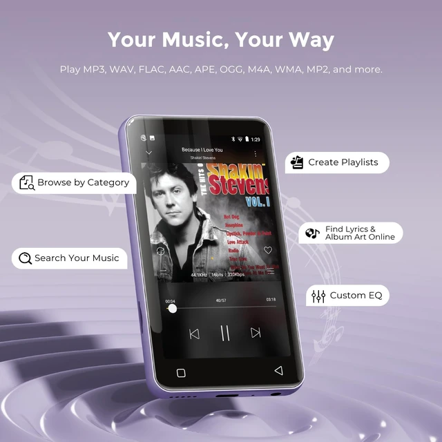 Alt view image 3 of 7 - G1 80GB MP3 Player with Bluetooth and WiFi, Spotify Music Player 4" Touchscreen, Parental Controls, Audible, Libby, Pandora, Expandable to 1TB,Minitablet,MP3 MP4 Player for Kids Purple White
