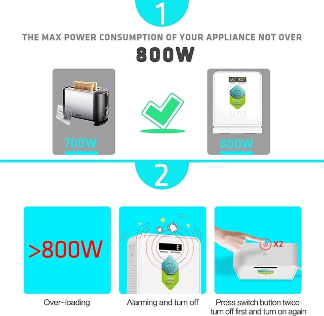 Alt view image 3 of 7 - Voltage Converter 110v to 220v Step Up 800W Use Asia and Europe to US Electric Transformer 120v to 240v,Asia Use in US Canada Mexico,Heavy Duty Power,Auto Mode,2 Output,Safe CE Certified,White