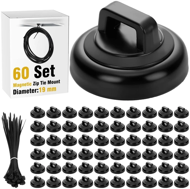 Main image of 60 Set Magnetic Zip Tie Mount and Nylon Cable Ties, 19 mm Multipurpose Wire Cable Holder Mount Wire Clips Management Electrical Organization Supplies (Black)