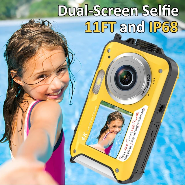 Alt view image 2 of 6 - 4K Underwater Camera, 16FT Waterproof Camera, 64MP Dual-Screen Autofocus, Floatable Compact Design, 32GB Card, 1250mAh Battery and Type-C Port for Selfies, Snorkeling and Travel