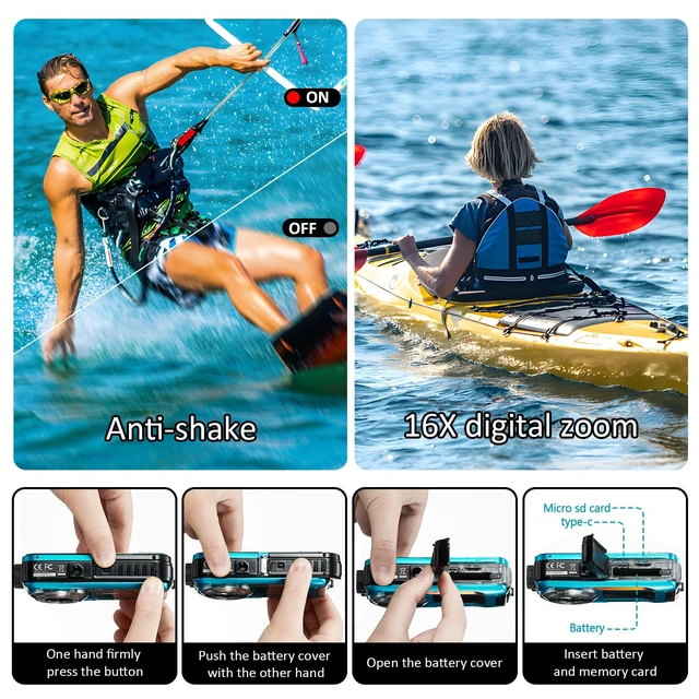 Alt view image 6 of 6 - 4K Underwater Camera, 16FT Waterproof Camera, 64MP Dual-Screen Autofocus, Floatable Compact Design, 32GB Card, 1250mAh Battery and Type-C Port for Selfies, Snorkeling and Travel