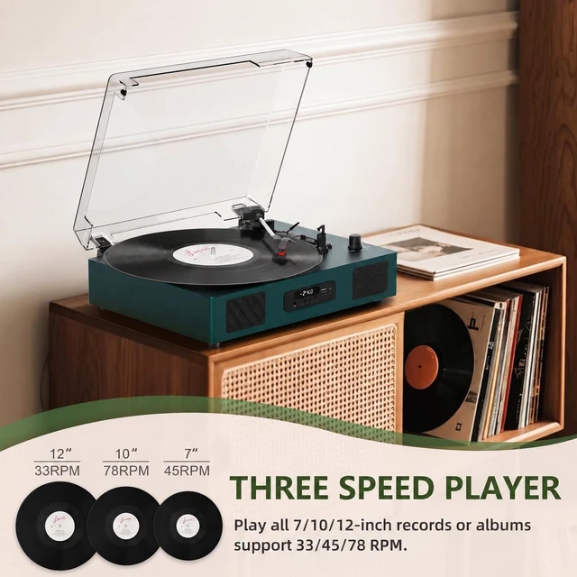 Alt view image 2 of 7 - Vinyl Record Player with Stereo Speaker, Bluetooth 3-Speed Turntable, Green USB/SD Card Recording, Belt Drive 33/45/78 RPM LP Player, USB Music Playback, RCA Line-out, AUX Input, EQ