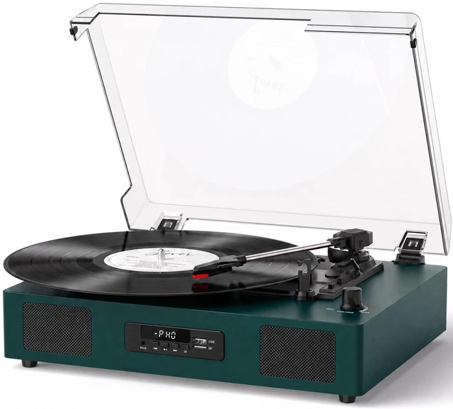 Main image of Vinyl Record Player with Stereo Speaker, Bluetooth 3-Speed Turntable, Green USB/SD Card Recording, Belt Drive 33/45/78 RPM LP Player, USB Music Playback, RCA Line-out, AUX Input, EQ