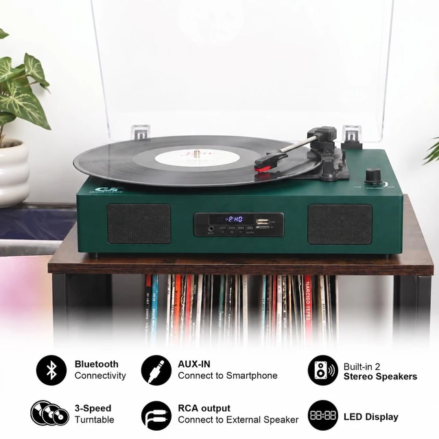 Alt view image 3 of 7 - Vinyl Record Player with Stereo Speaker, Bluetooth 3-Speed Turntable, Green USB/SD Card Recording, Belt Drive 33/45/78 RPM LP Player, USB Music Playback, RCA Line-out, AUX Input, EQ