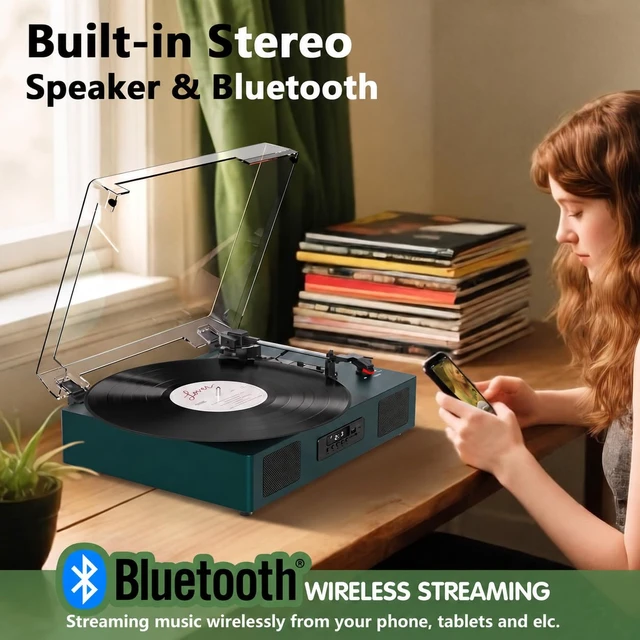 Alt view image 4 of 7 - Vinyl Record Player with Stereo Speaker, Bluetooth 3-Speed Turntable, Green USB/SD Card Recording, Belt Drive 33/45/78 RPM LP Player, USB Music Playback, RCA Line-out, AUX Input, EQ
