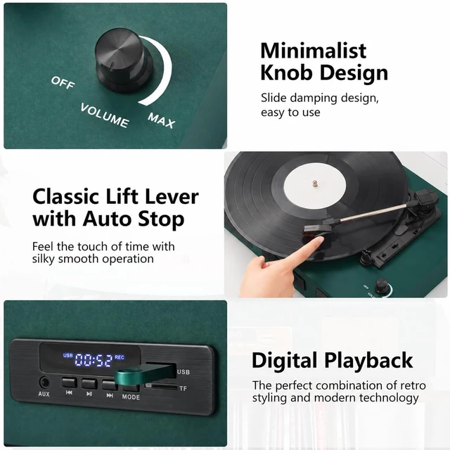 Alt view image 6 of 7 - Vinyl Record Player with Stereo Speaker, Bluetooth 3-Speed Turntable, Green USB/SD Card Recording, Belt Drive 33/45/78 RPM LP Player, USB Music Playback, RCA Line-out, AUX Input, EQ