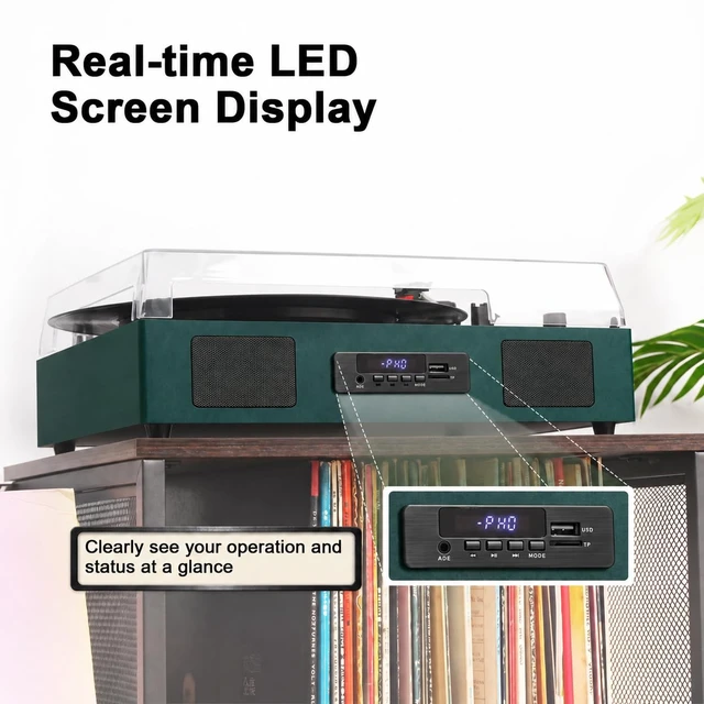 Alt view image 7 of 7 - Vinyl Record Player with Stereo Speaker, Bluetooth 3-Speed Turntable, Green USB/SD Card Recording, Belt Drive 33/45/78 RPM LP Player, USB Music Playback, RCA Line-out, AUX Input, EQ