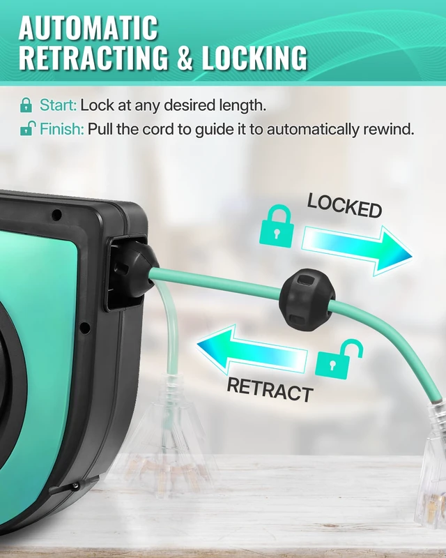 Alt view image 5 of 7 - Retractable Cord Reel, 75 FT Heavy Duty Extension Cord, 14AWG/3C SJTOW, 3 Grounded Outlets Lighted Triple Tap, 10A Circuit Breaker, Wall/Ceiling Mounted, UL Listed, Light Green A75CR06