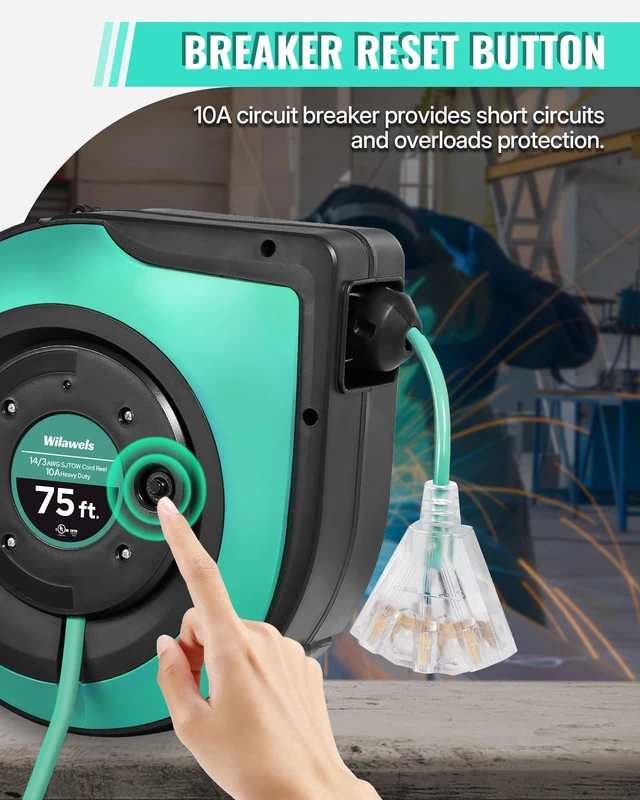 Alt view image 6 of 7 - Retractable Cord Reel, 75 FT Heavy Duty Extension Cord, 14AWG/3C SJTOW, 3 Grounded Outlets Lighted Triple Tap, 10A Circuit Breaker, Wall/Ceiling Mounted, UL Listed, Light Green A75CR06